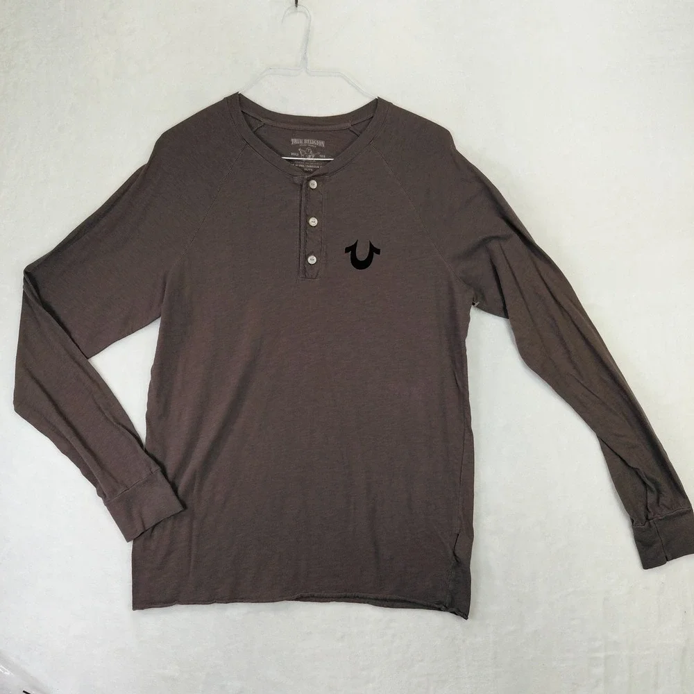 True Religion Mens XL Brown Long Sleeve Henley Slub Cotton Flocked Logo USA Made